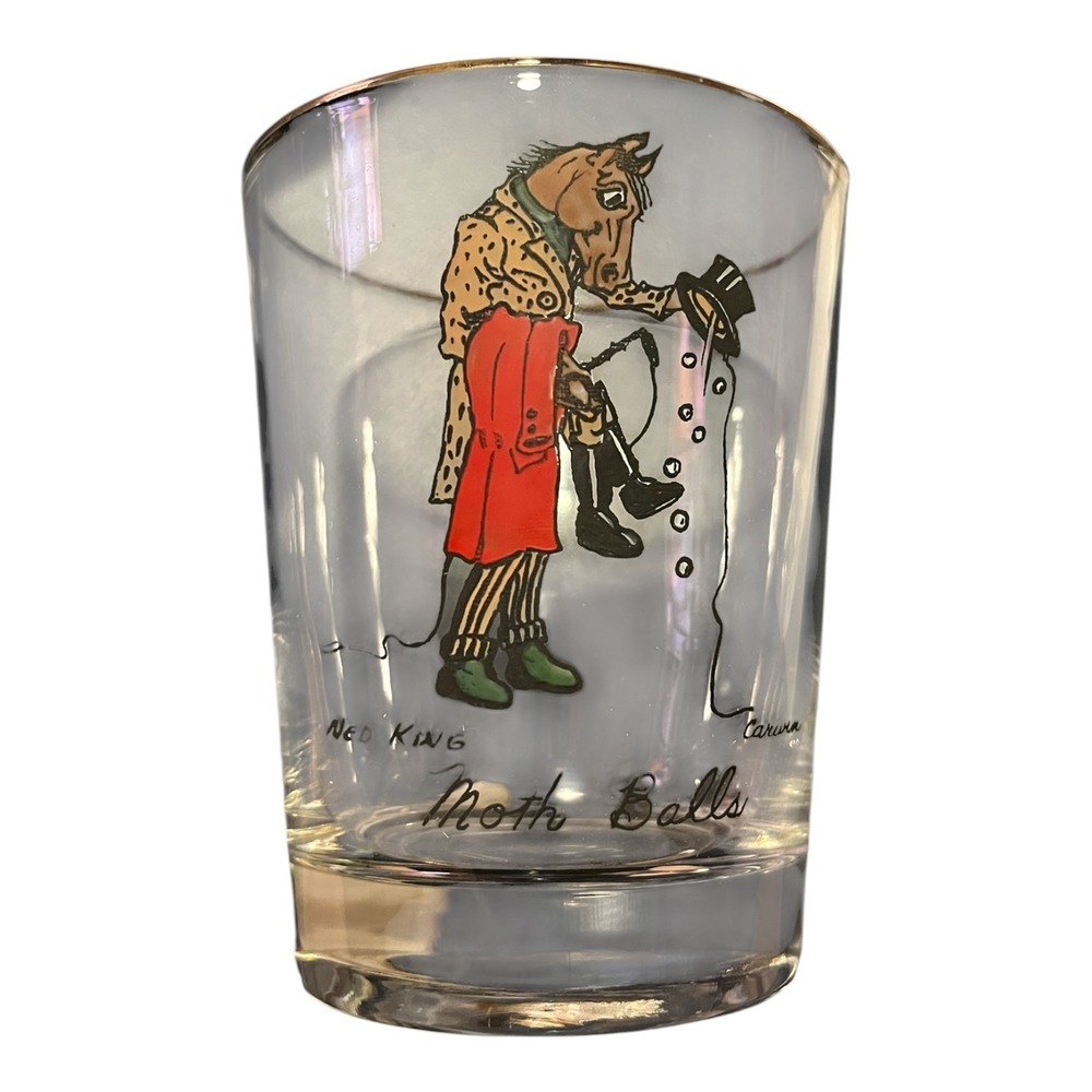 Vtg Ned King Carwin Moth Balls Horse Glass Gilt Gold Rim Barware Novelty Tumbler